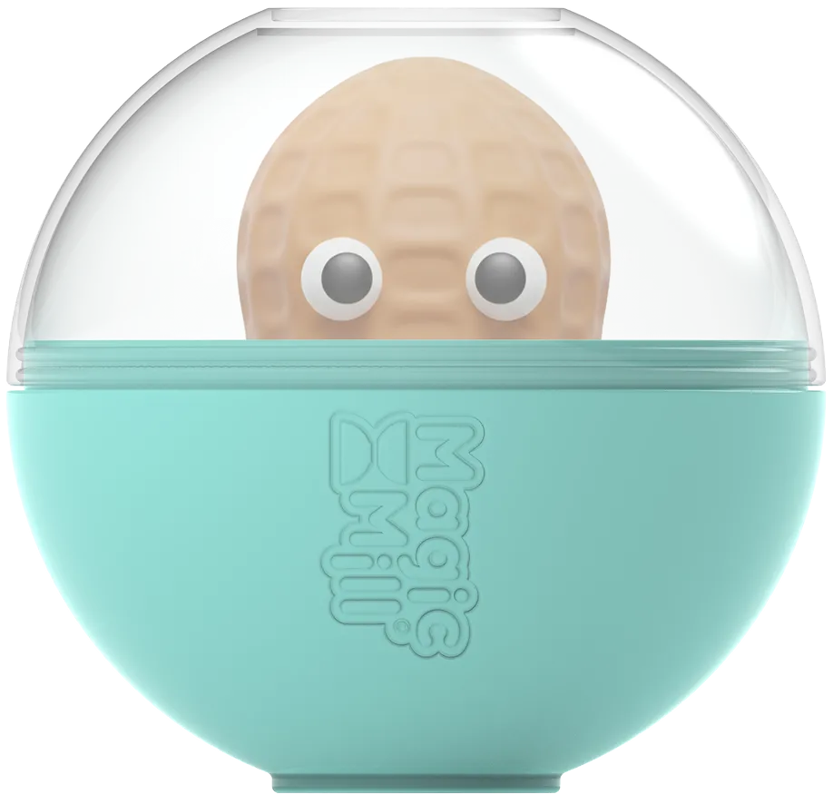 Blue spherical container with a transparent top revealing a peanut-shaped object with googly eyes inside, labeled 'Magic Milli'.