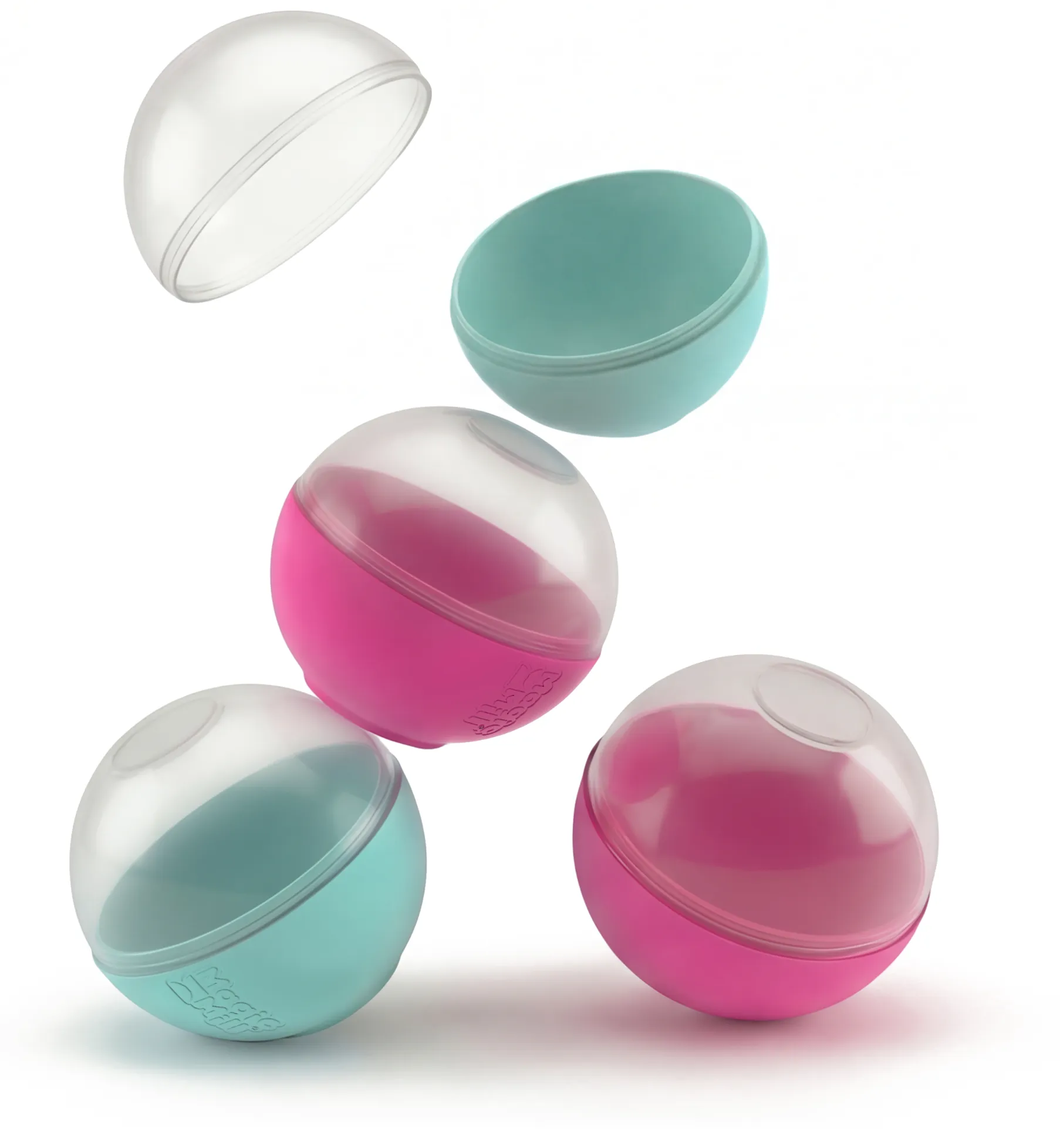 Four spherical containers in pink and turquoise with transparent lids, two lids removed showing inner halves.