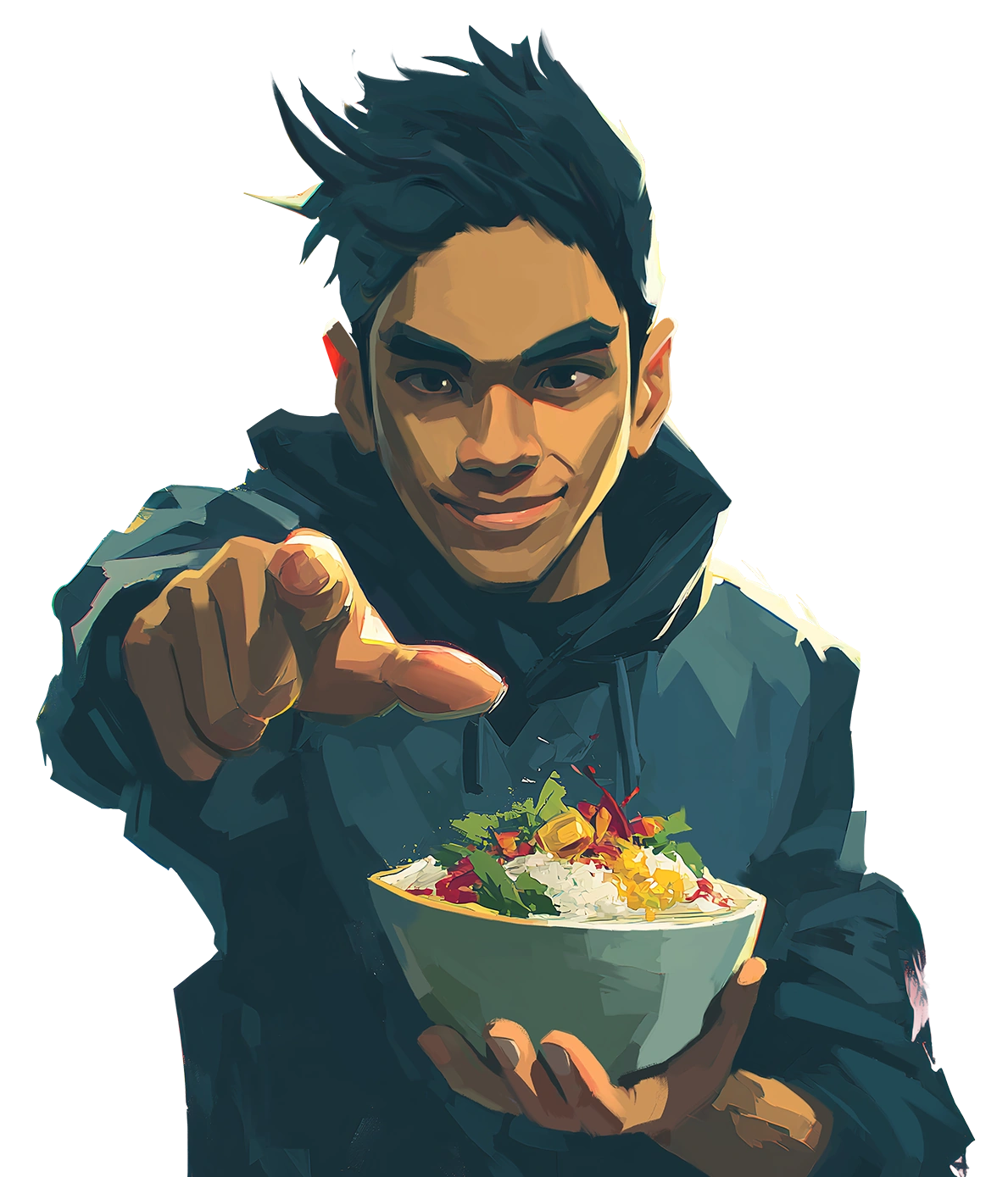 A happy looking young man holding a bowl of rice with delicious toppings, pointing at the viewer