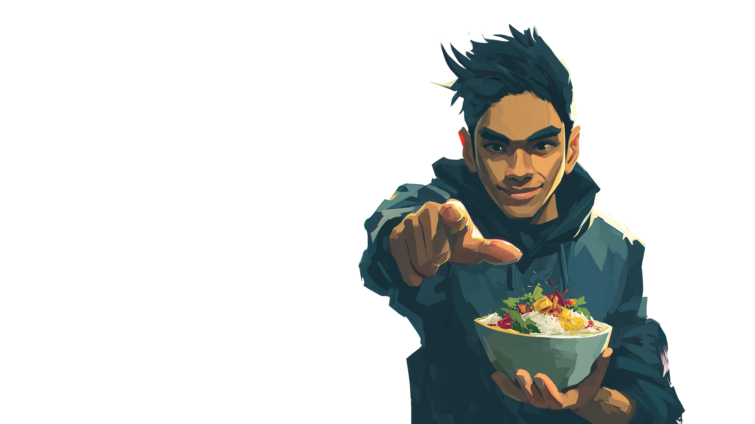 Illustration eines Gasts mit einer Bowl, der auf den Betrachter zeigt.