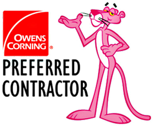 Owens Corning Preferred Contractor logo featuring the Pink Panther mascot