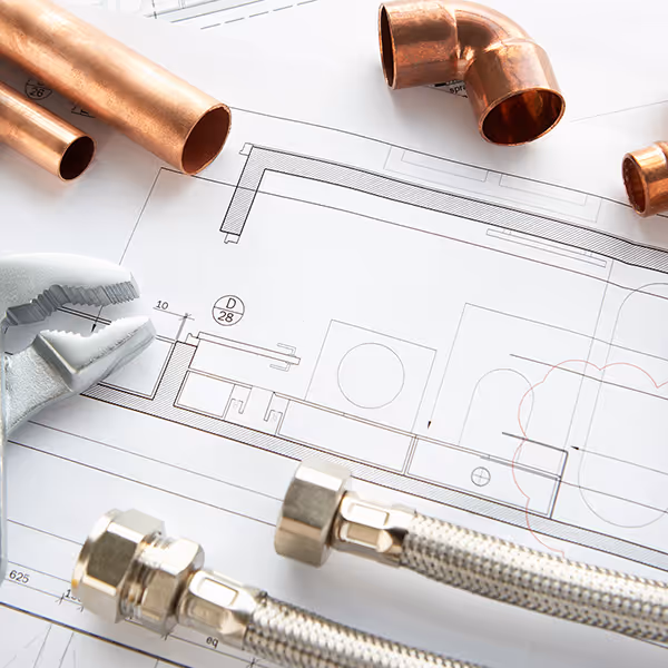 Various plumbing tools and copper pipes arranged on a blueprint drawing.