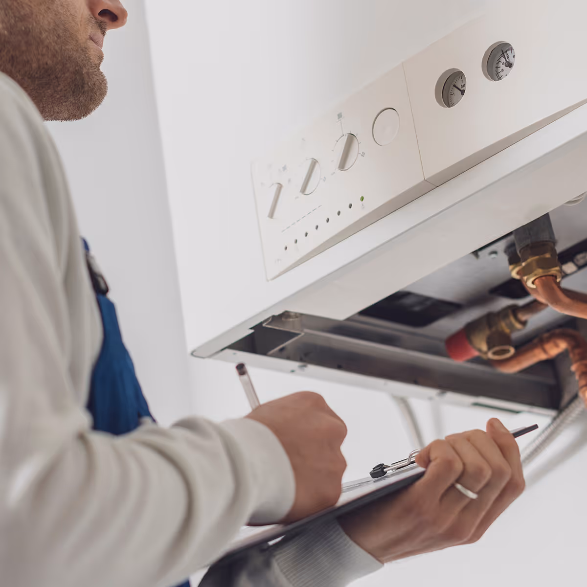 Technician inspecting and taking notes on a clipboard while checking a gas boiler with visible control knobs and gauges.