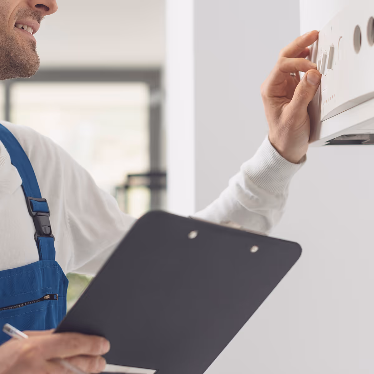 Technician in blue overalls adjusting a white control panel while holding a clipboard.