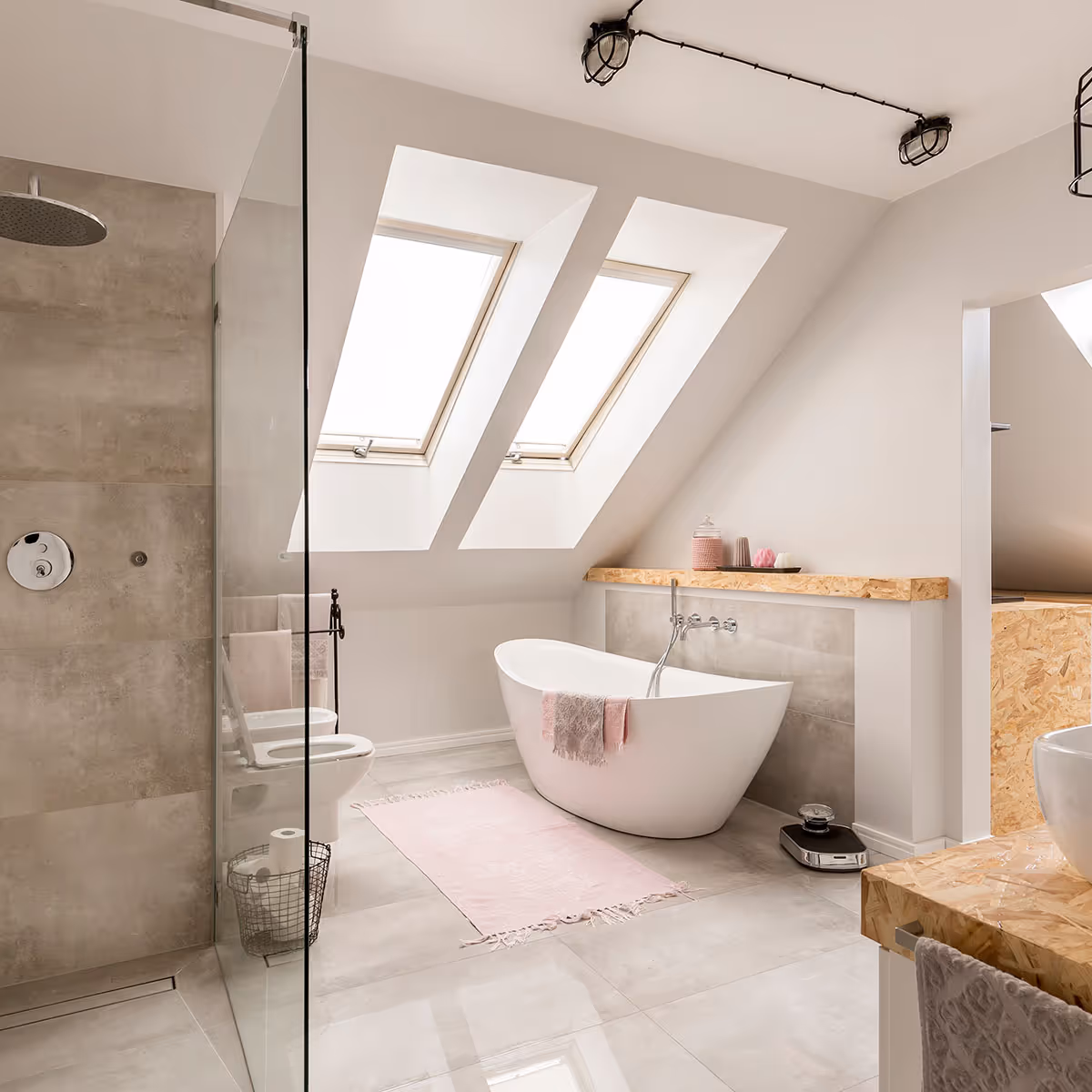 Bright modern bathroom with freestanding bathtub under skylight windows, glass shower, toilet, and wooden countertop.