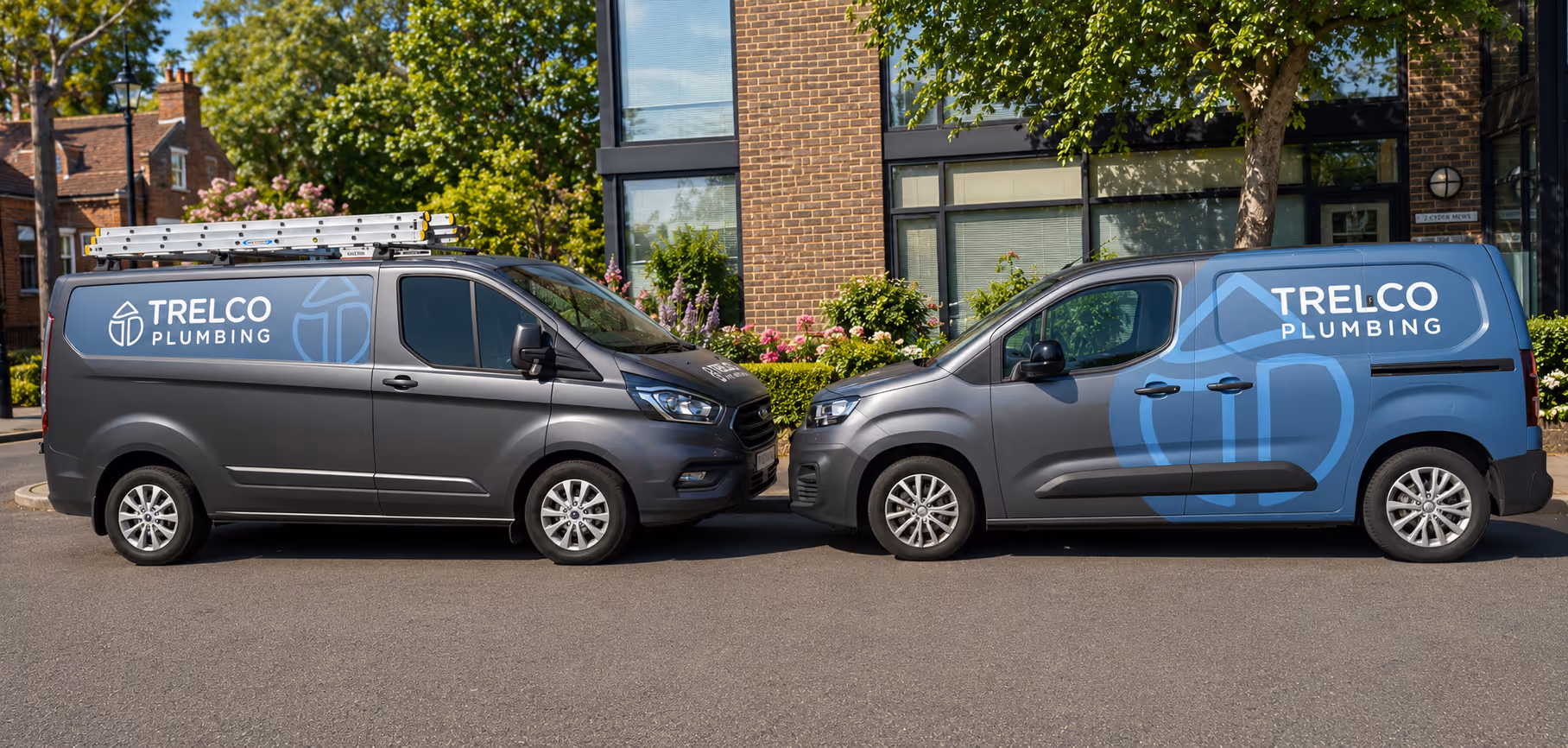 Two gray Trelco Plumbing vans parked nose-to-nose outside a brick building with greenery.