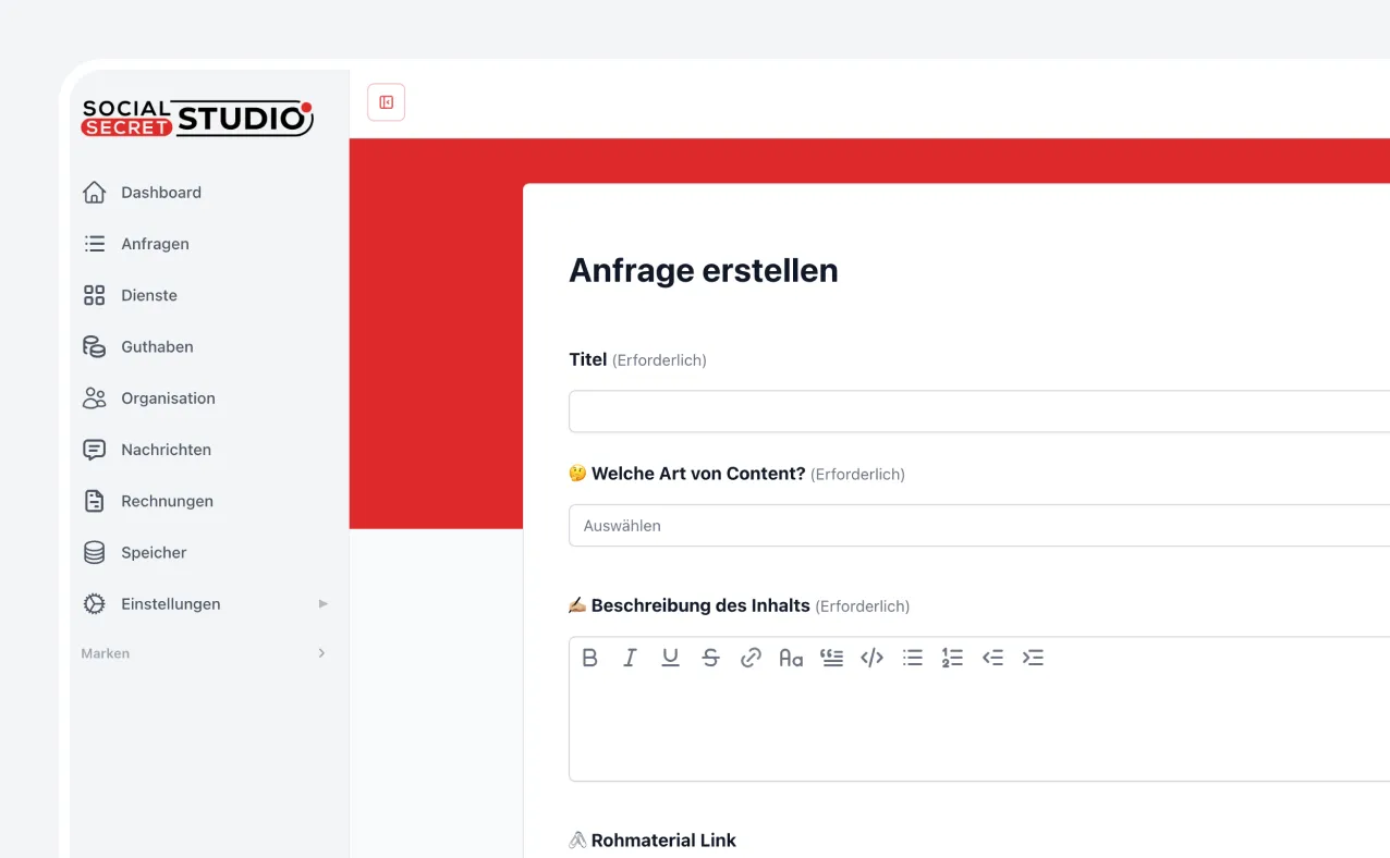 Benutzeroberfläche des Social Secret Studio mit Formular zum Erstellen einer Anfrage, Eingabefelder für Titel, Art des Contents und Inhaltsbeschreibung.