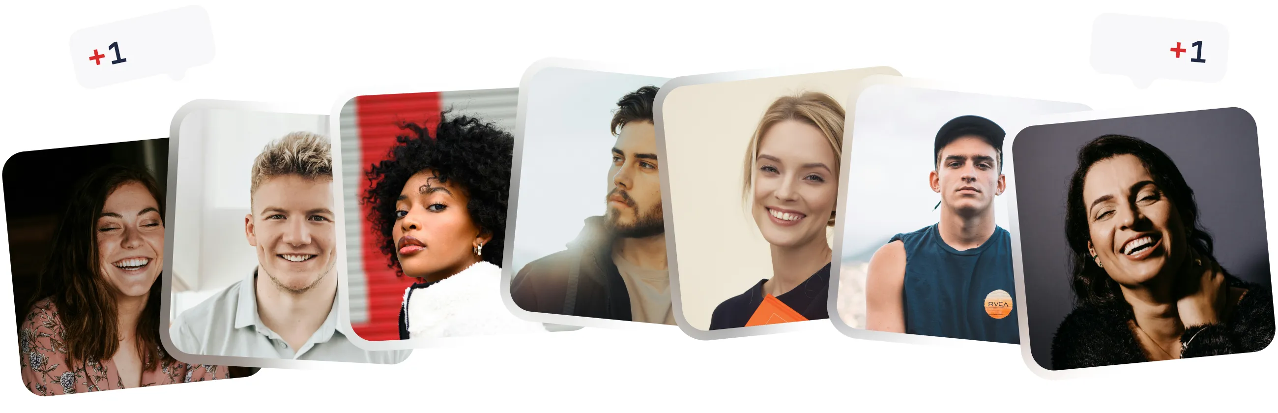 Collage aus Porträts von sieben Menschen mit unterschiedlichen Hintergründen und Emotionen, zwei Sprechblasen mit +1 Symbol oben links und rechts.