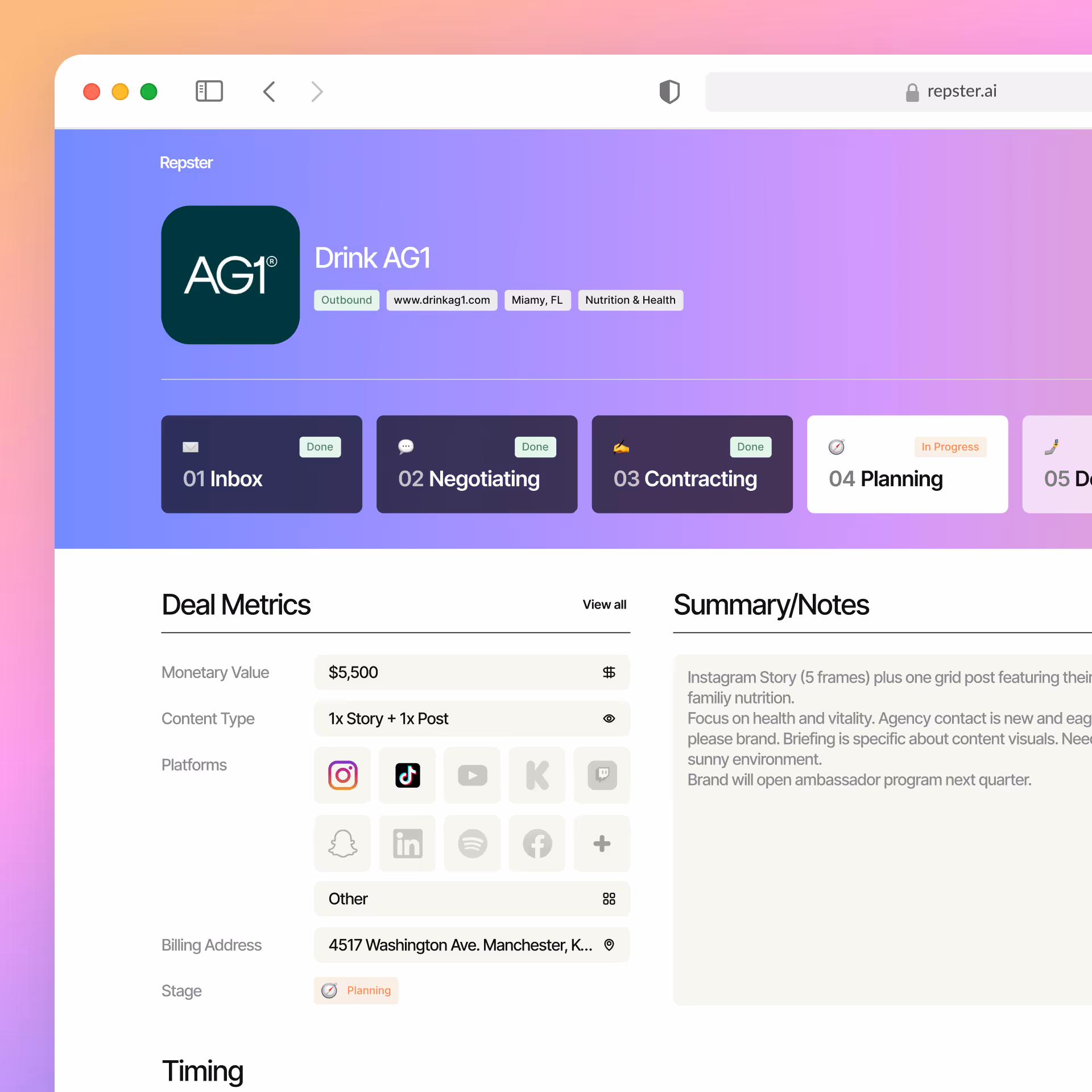 Screenshot of Repster interface showing deal details for Drink AG1 including deal metrics, deal stages, and summary notes about Instagram stories and brand ambassador program.