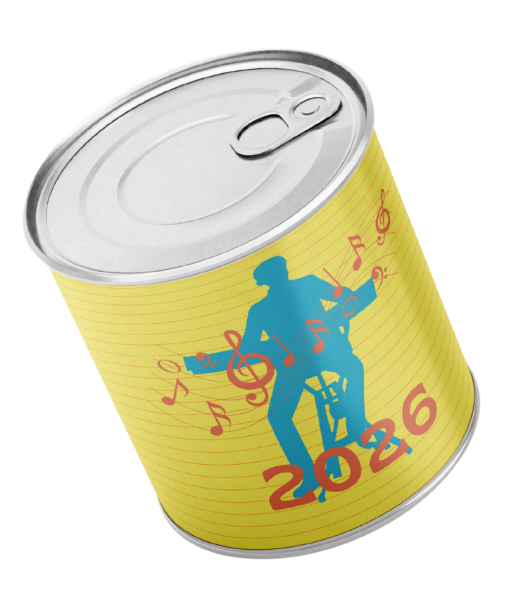Yellow can with blue silhouette of a seated musician playing guitar, red music notes, and number 2026.
