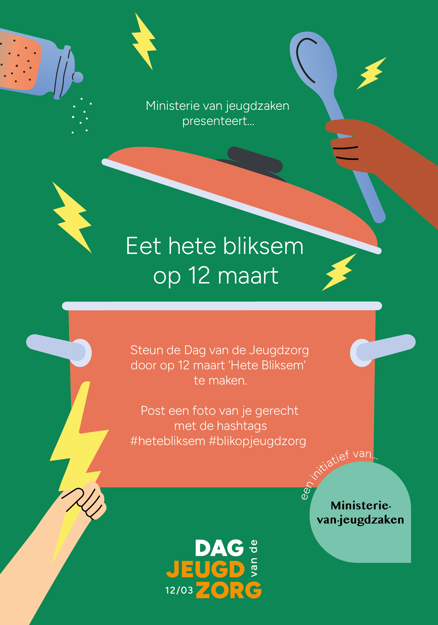 Dutch flyer showing a cooking pot, spoon, salt shaker, and lightning symbols promoting youth care day on March 12.