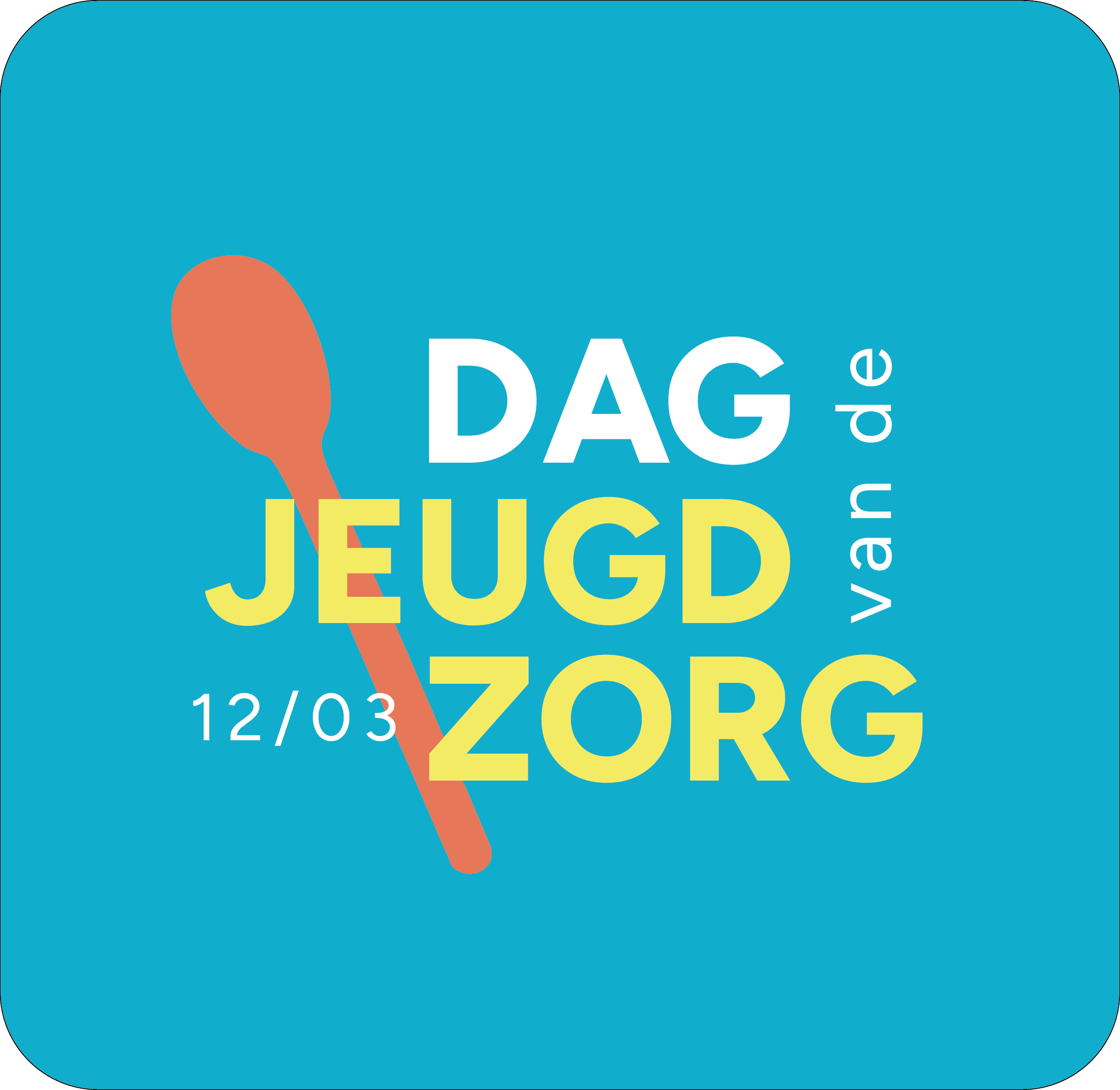 Blue square with text 'Dag Jeugdzorg' and date 12/03 with an orange spoon graphic.