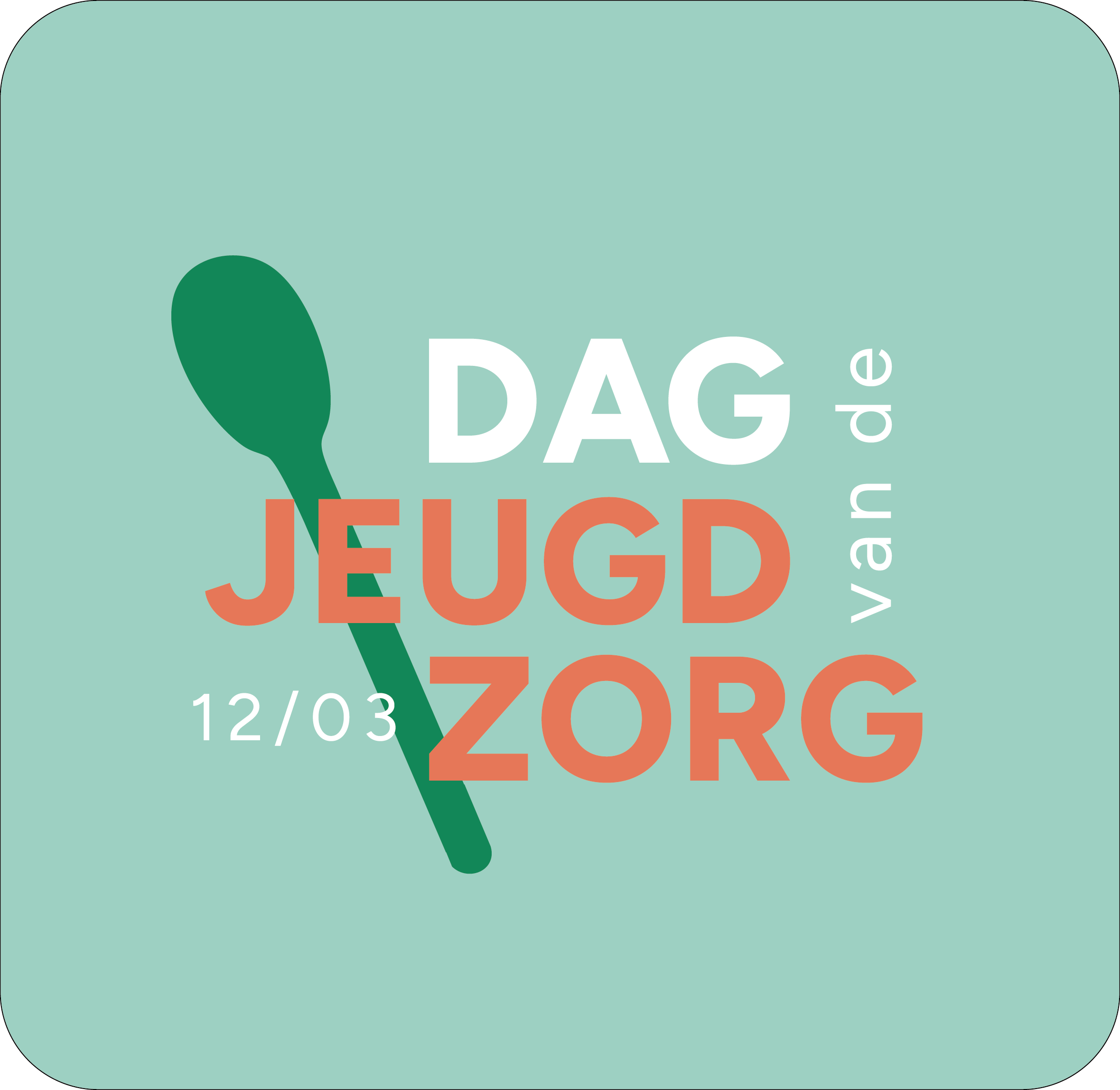 Logo with a green spoon and text 'Dag Jeugdzorg 12/03 van de' on a light green background.