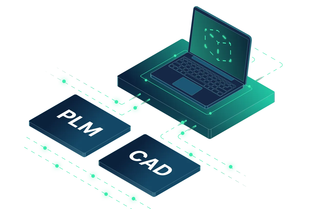 3D laptop connected to labeled blocks PLM and CAD with digital data points around them.