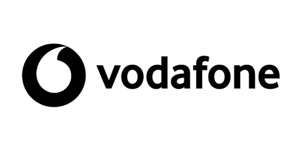 Vodafone-Logo mit einem rundum offenen Kreis links vom Firmennamen.