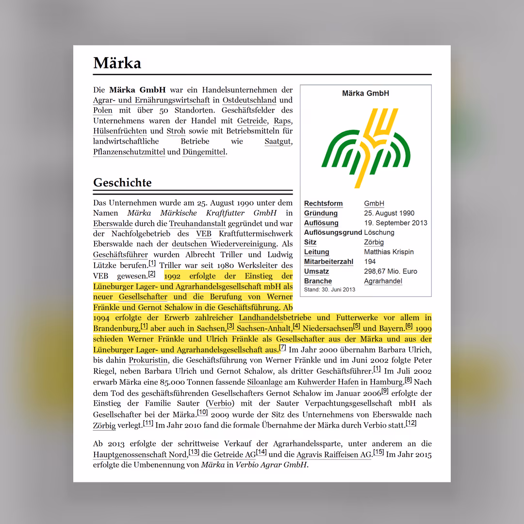 Textseite zu Märka GmbH mit Firmengeschichte, Logo und Unternehmensdaten wie Gründung und Umsatz.