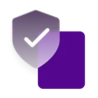 Purple shield with a white checkmark overlapping a solid purple square.