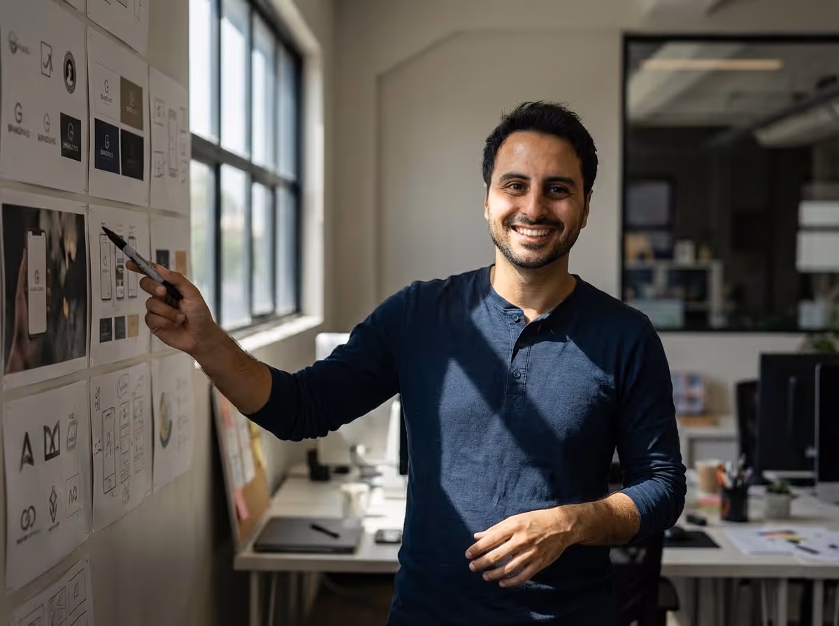 Smiling man pointing to design sketches on a wall in a sunlit modern office.