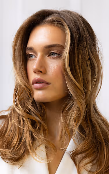 Close up photo of a young, blonde model with a white blouse on.