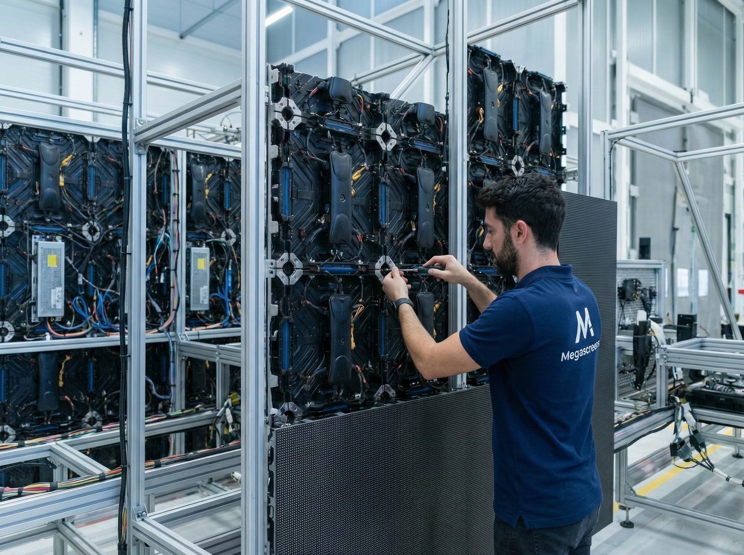 Technician assembling or repairing large LED display panels in a factory setting.