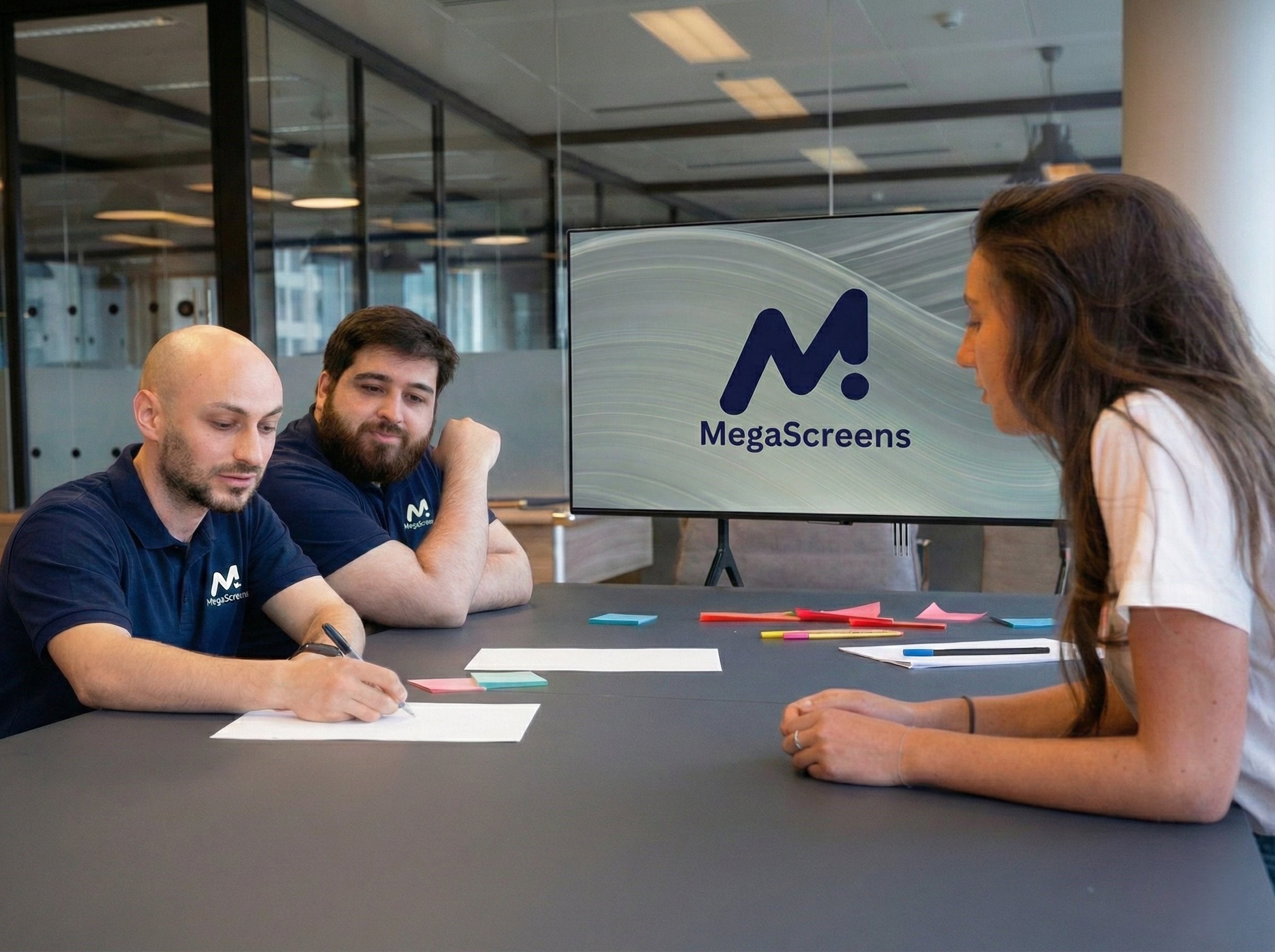 Three colleagues at a meeting table with one writing on paper, a monitor displays the MegaScreens logo.