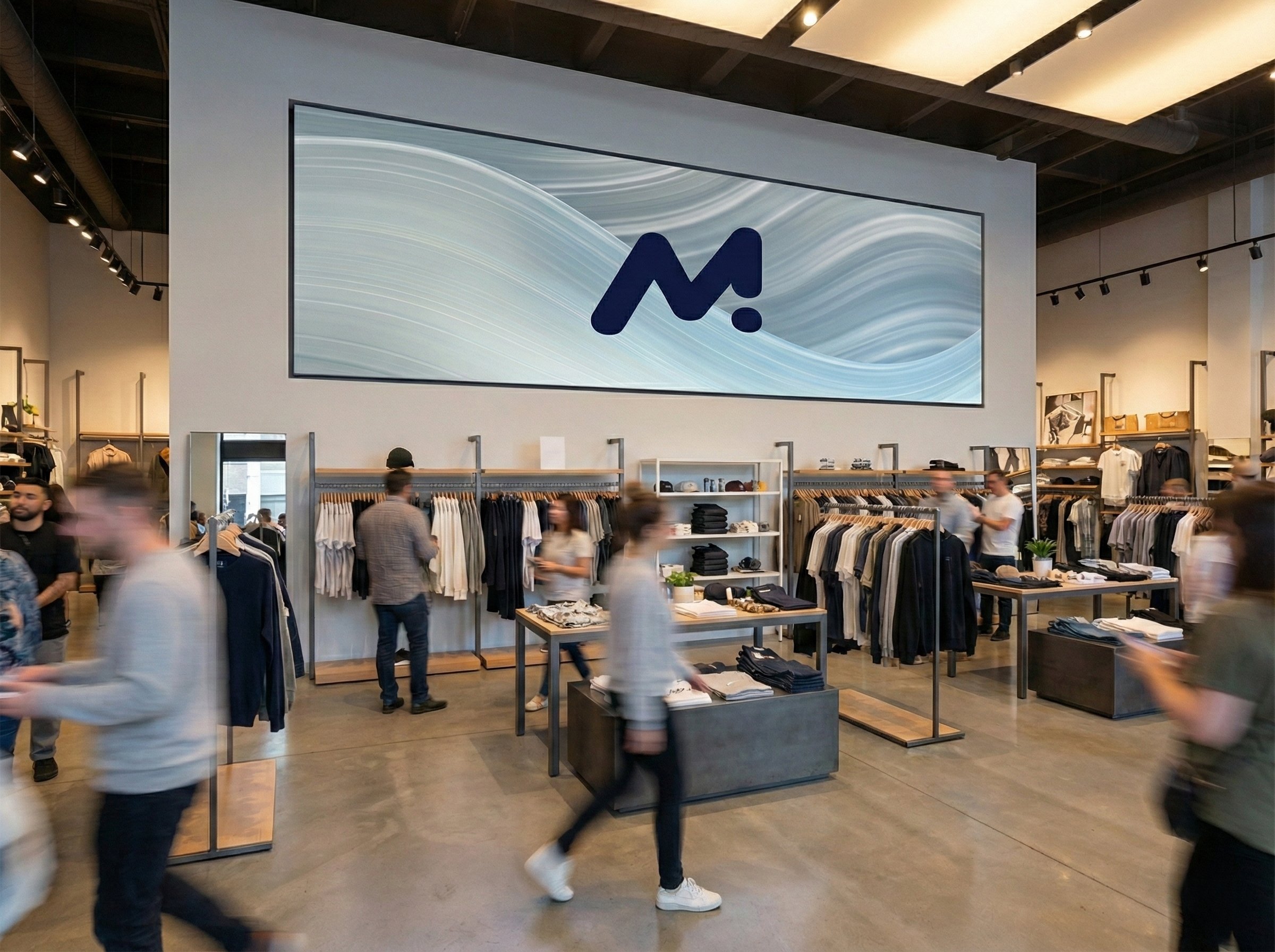 Modern clothing store interior with racks of garments, tables with folded clothes, and blurred shoppers moving around.