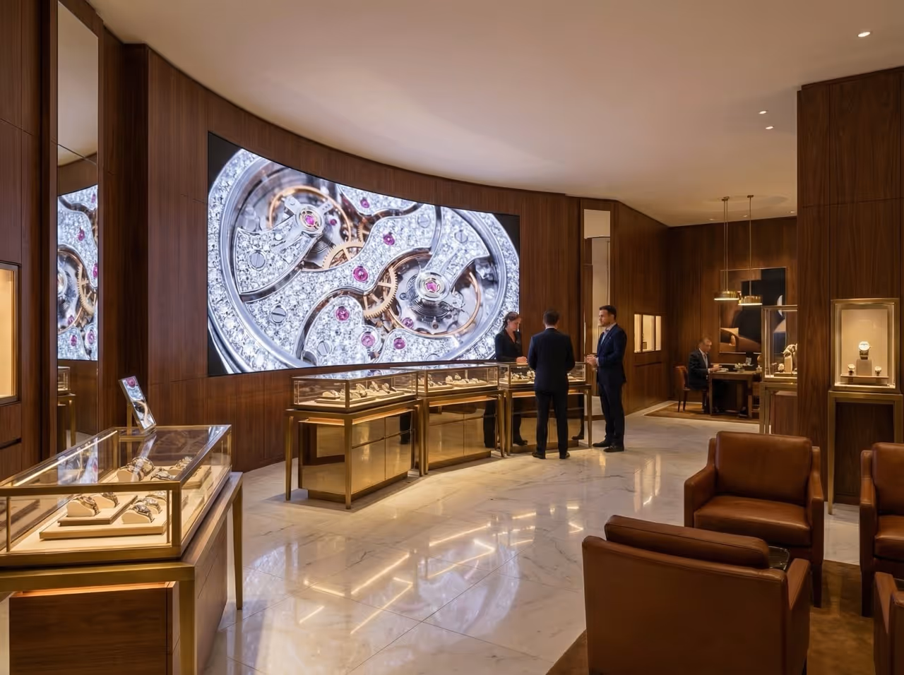 Luxury watch store interior with glass display cases, brown leather chairs, wood paneling, and a large wall screen showing a close-up of a watch mechanism.