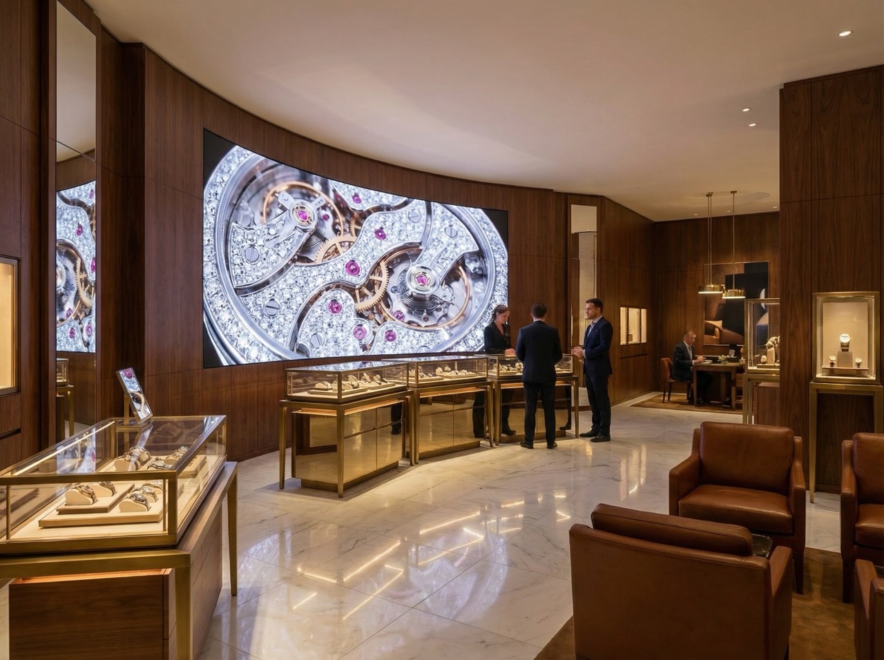 Luxurious watch store interior with glass display cases, leather chairs, and a large wall screen showing a close-up of watch mechanics.