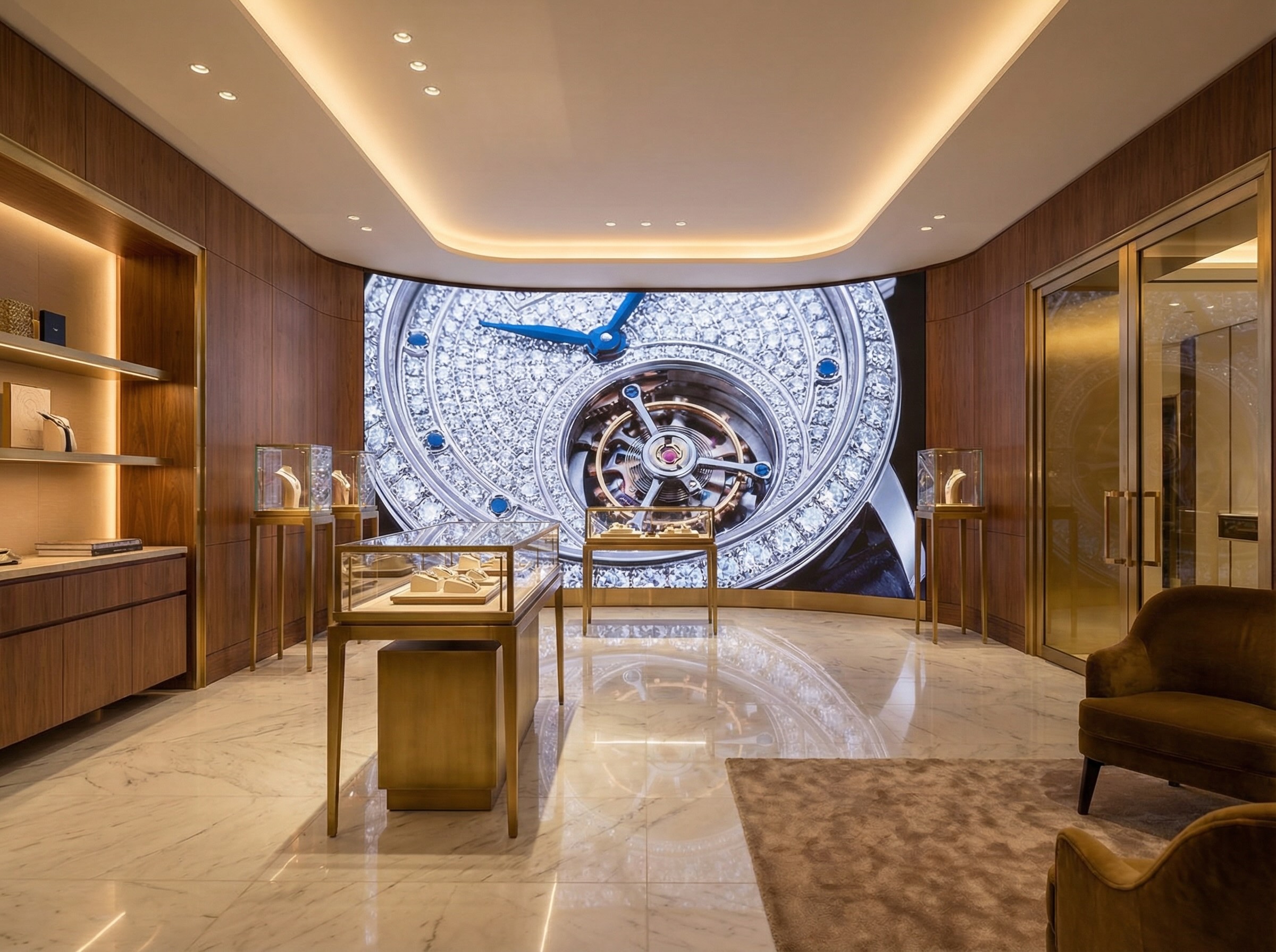 Luxurious watch store interior with a large digital display of a diamond-encrusted watch face, gold display cases, marble floor, and brown seating area.