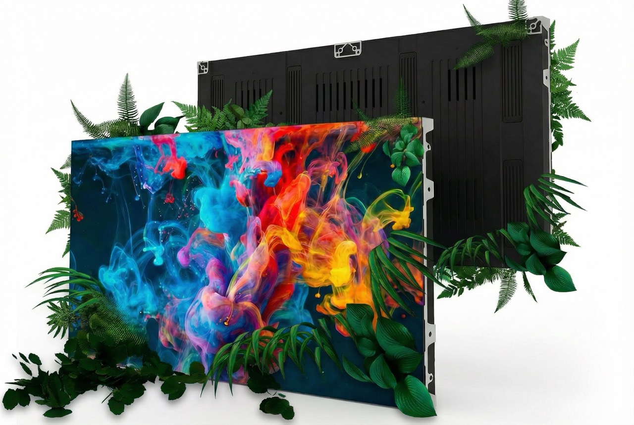 Two black electronic panels with vibrant colorful ink swirling displays, surrounded by green tropical leaves and ferns.