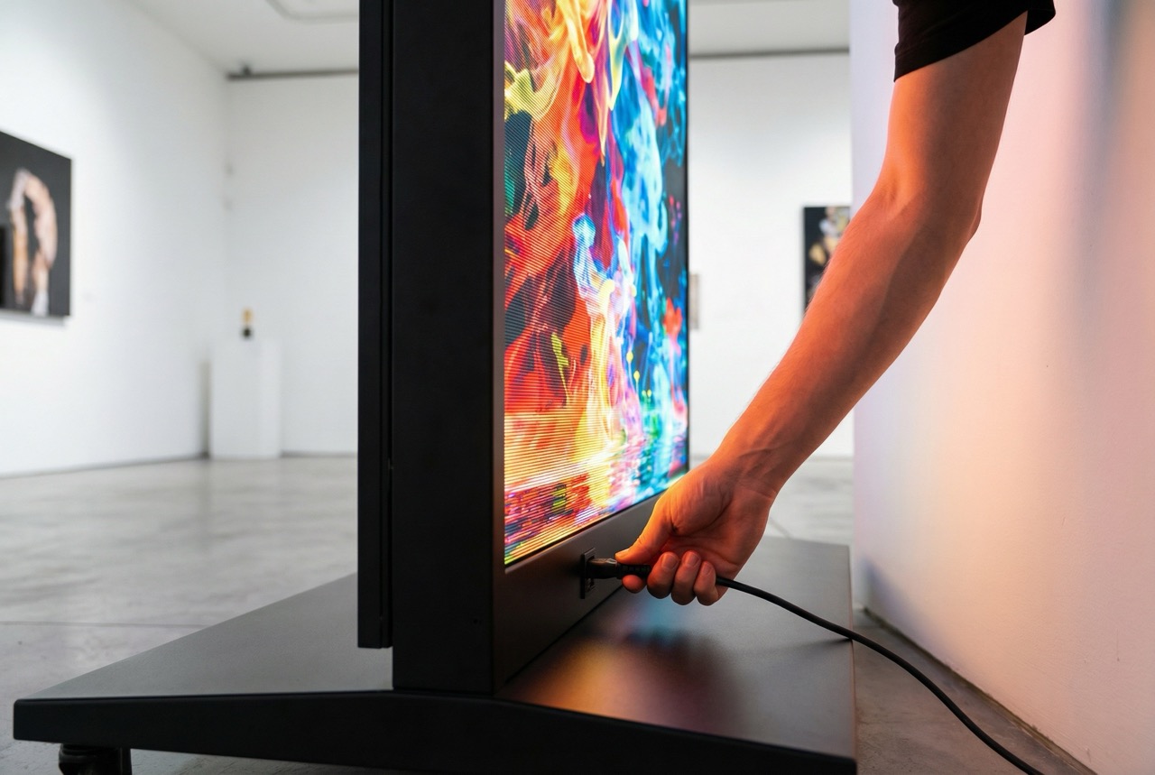 Person plugging in a cable to the side of a large colorful digital display screen in an art gallery.