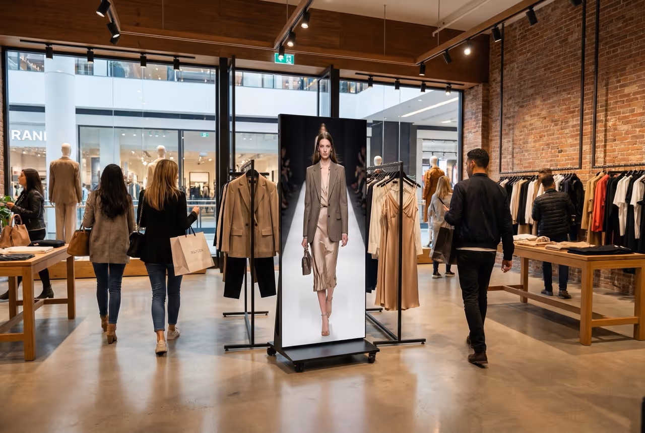 Fashion retail store interior with customers browsing clothing racks and a digital display showing a model walking on a runway.