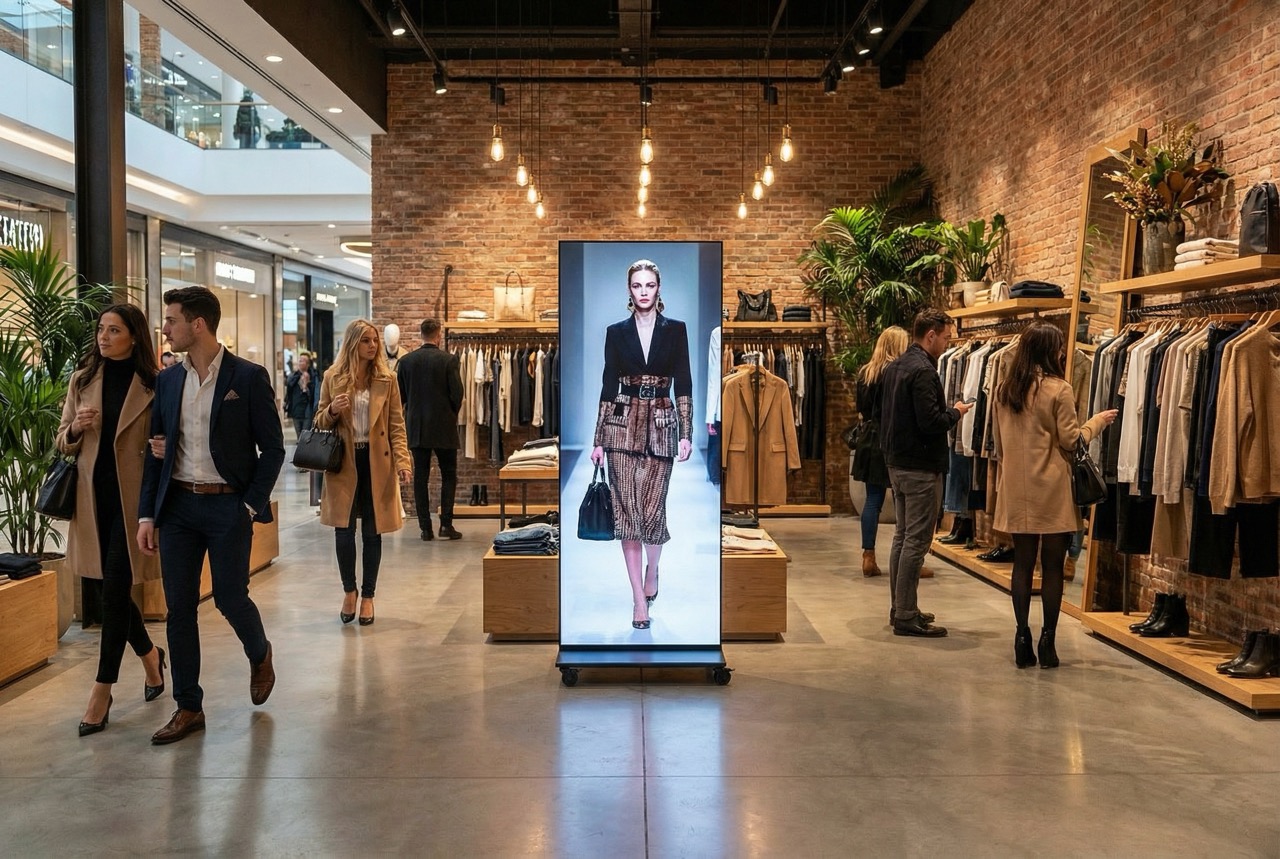 Fashion retail store with stylishly dressed shoppers and a digital display featuring a runway model wearing a patterned skirt and black blazer.