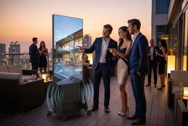 Three well-dressed people standing on a rooftop terrace at sunset, looking and pointing at a large transparent digital display showing architectural visuals.