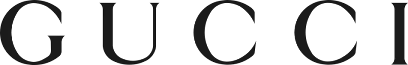 Gucci brand logo in black letters on white background.