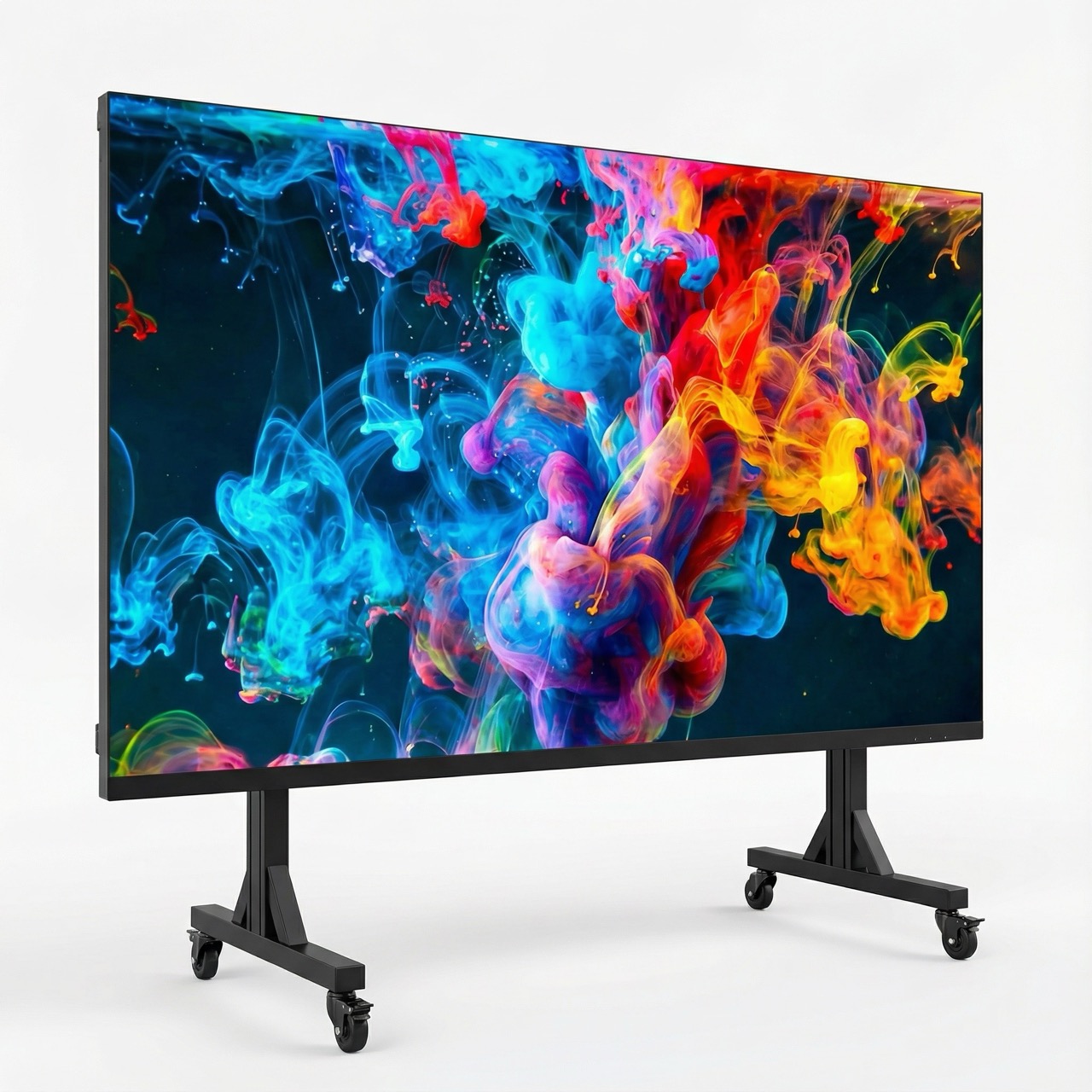 Large flat-screen display on a black stand with wheels showing colorful swirling ink patterns in blue, red, purple, and yellow on a dark background.