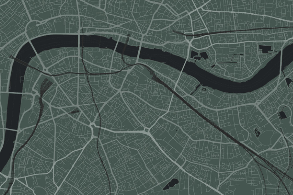Dark-themed map showing the River Thames winding through central London with major roads and streets.
