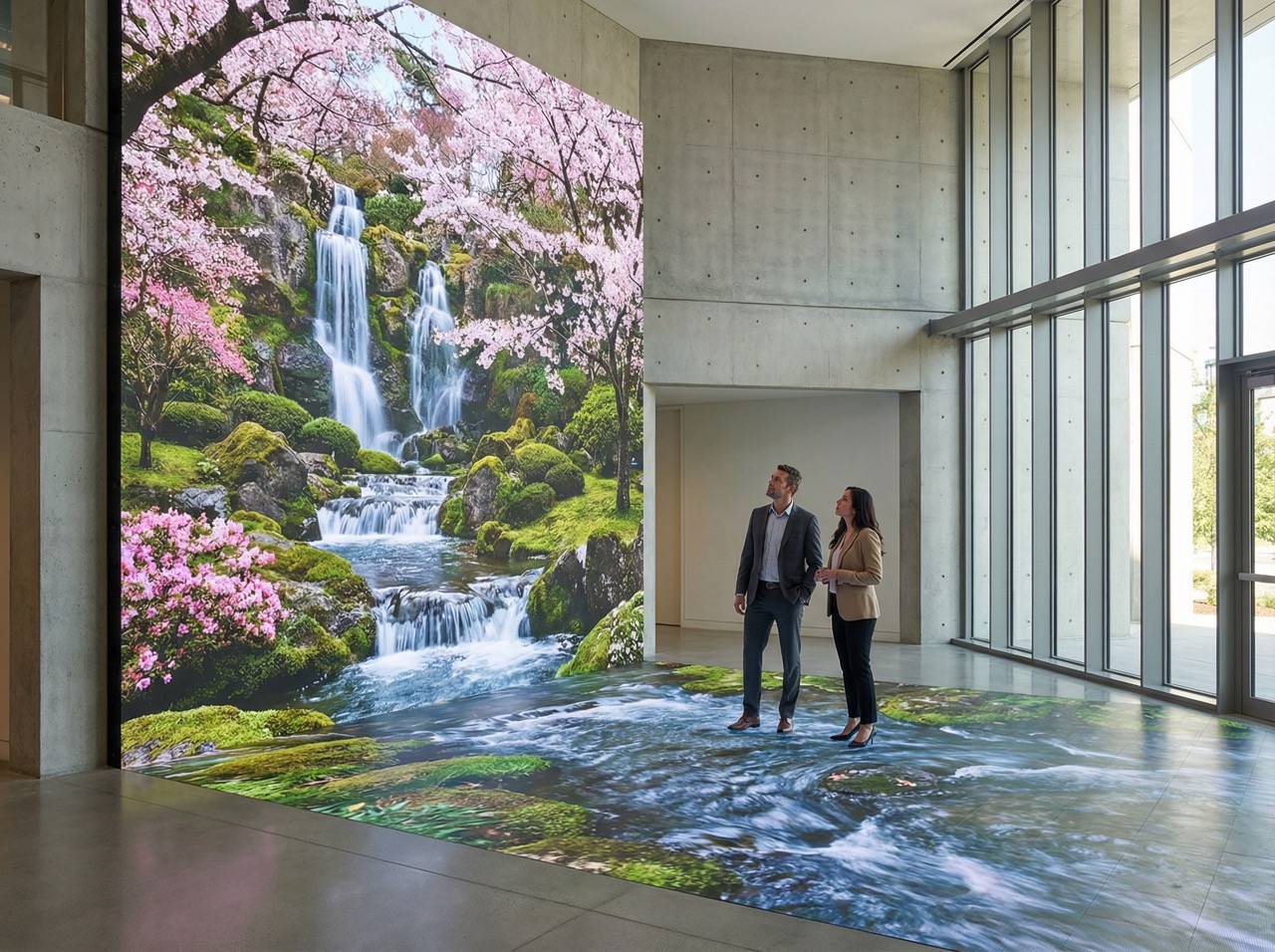 Two people standing in a modern gallery space with a large floor-to-ceiling digital display of a waterfall surrounded by pink cherry blossoms and green moss.