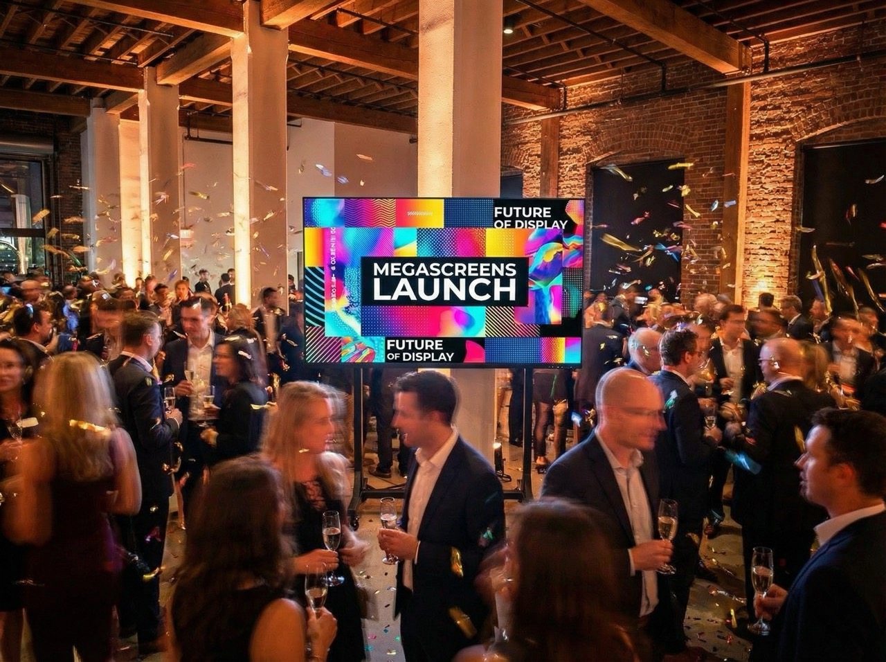 Crowd of people mingling and holding drinks at an indoor event with a large colorful screen reading 'Megascreens Launch Future of Display' in the background.
