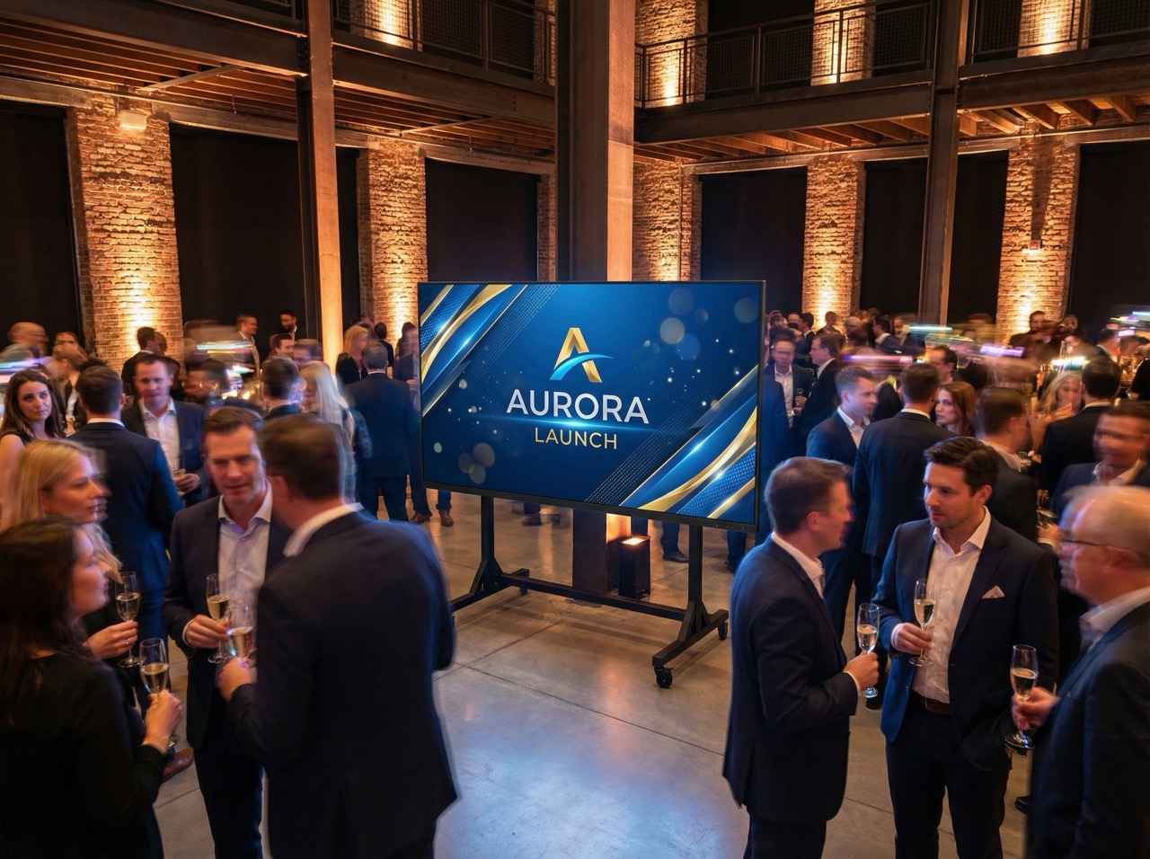 Crowd of well-dressed people socializing with champagne glasses around a screen displaying 'Aurora Launch' in a warmly lit industrial-style venue.