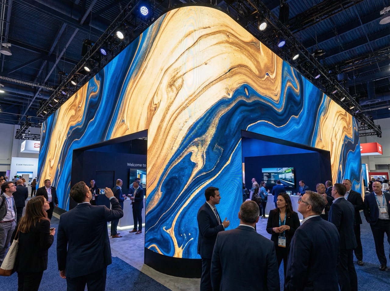 A group of people in business attire gathered around a large curved trade show booth with vibrant blue and gold marble-like patterns on the walls.