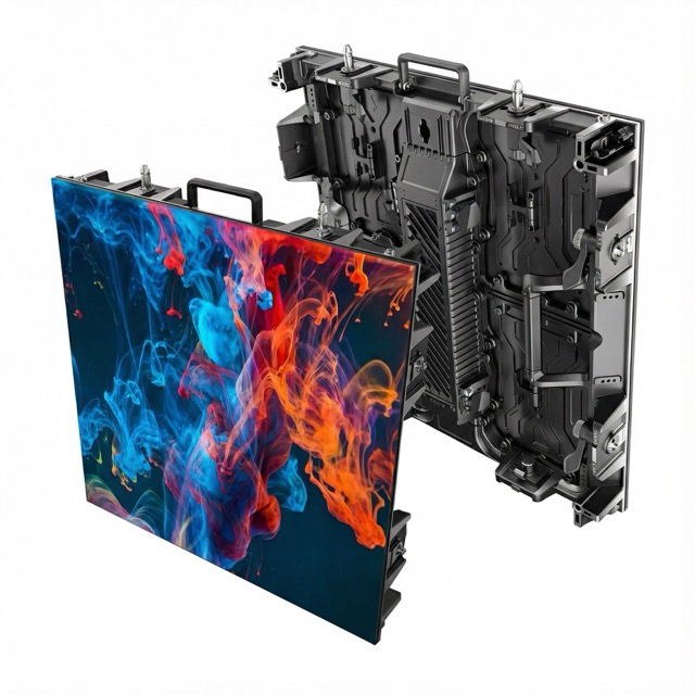 High-resolution LED display panel showing colorful blue and orange smoke patterns with a black modular back casing.