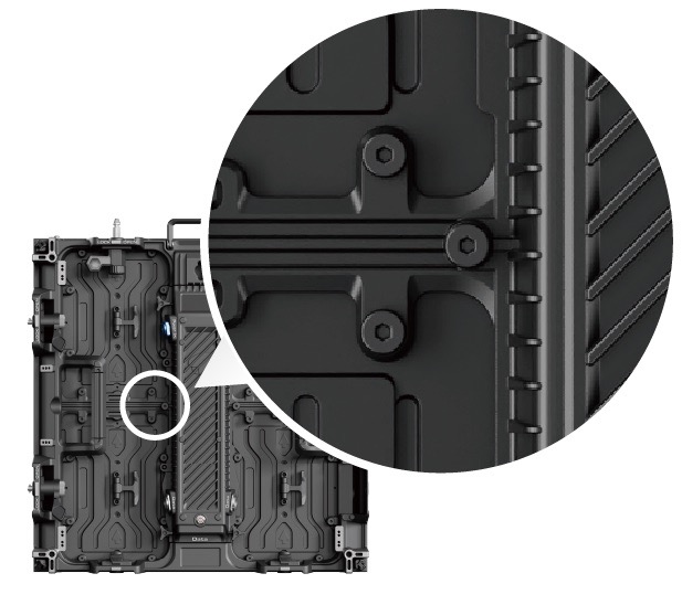 Close-up of a black modular panel with a magnified inset showing detailed locking mechanism and screws.