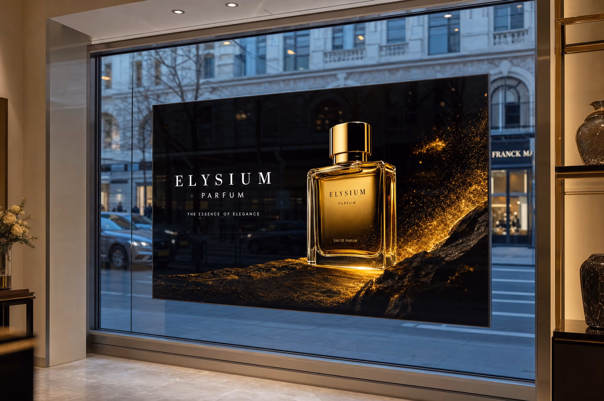 Store window display featuring a gold-colored Elysium Parfum bottle with the tagline 'The Essence of Elegance.'