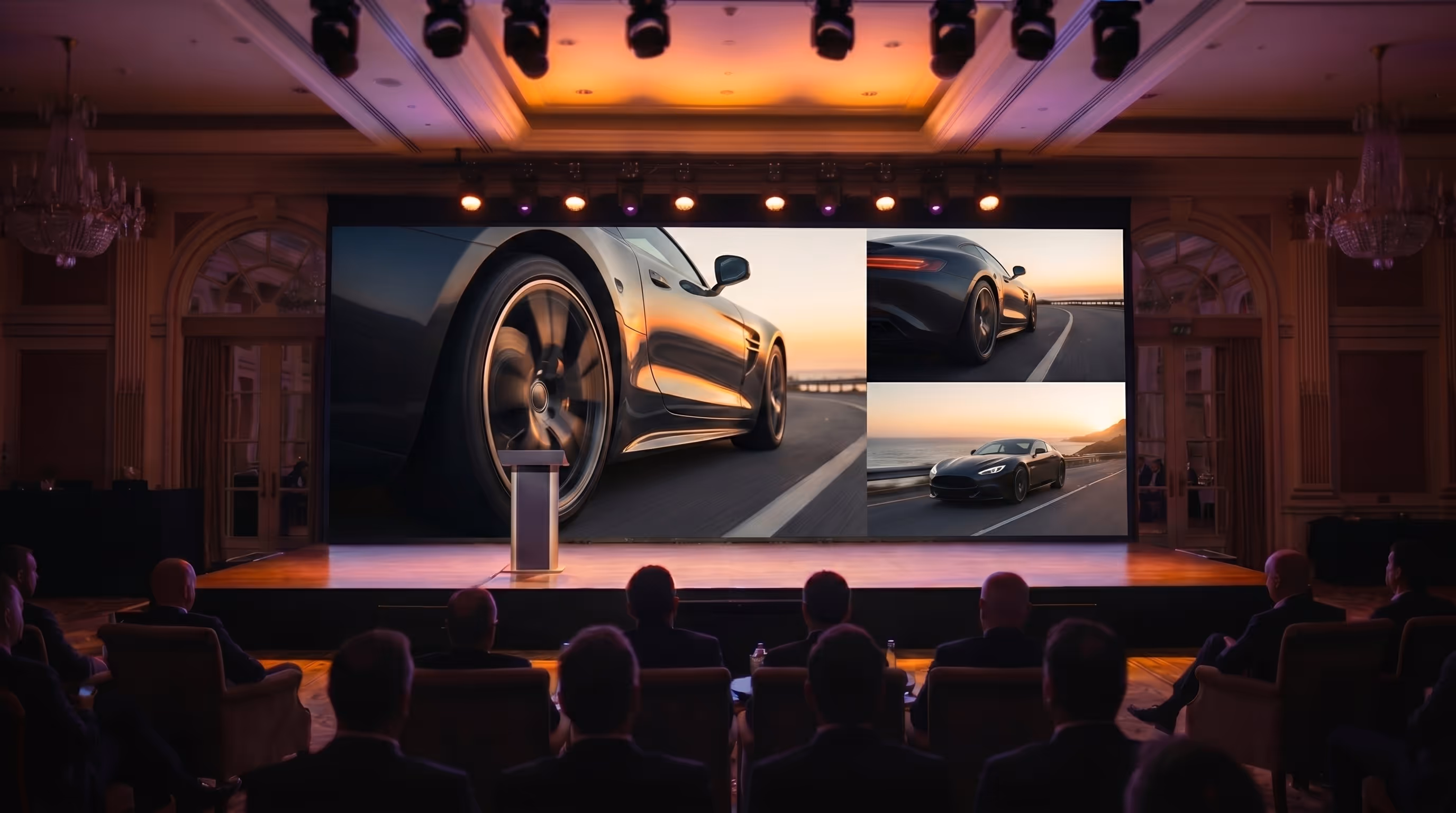 Audience seated in a dimly lit room watching a large screen displaying three images of a black sports car driving on a coastal road at sunset.