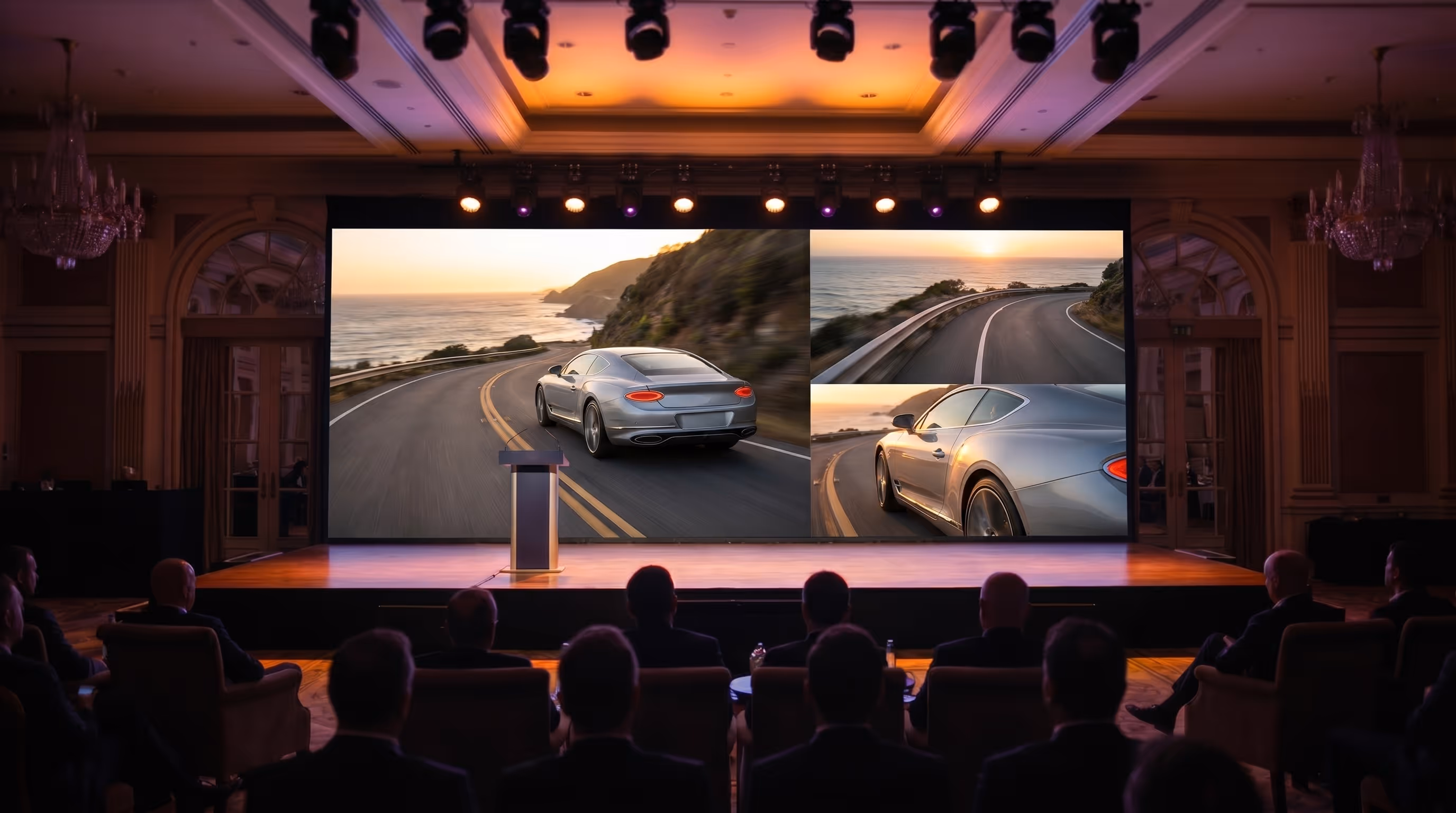 Audience watching a car presentation on a large screen showing a silver sports car driving along a coastal road at sunset.