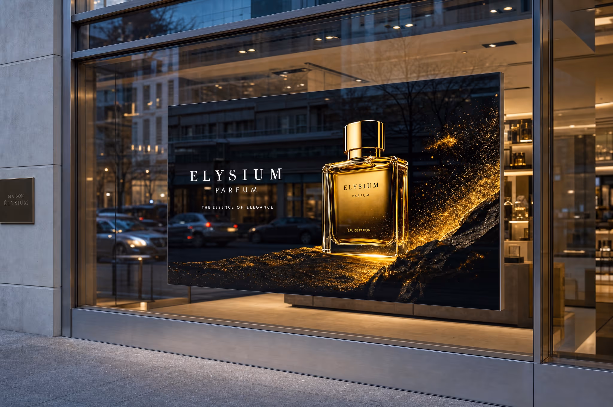 Storefront window display featuring a large advertisement of Elysium Parfum bottle with golden liquid and the tagline 'The Essence of Elegance'.