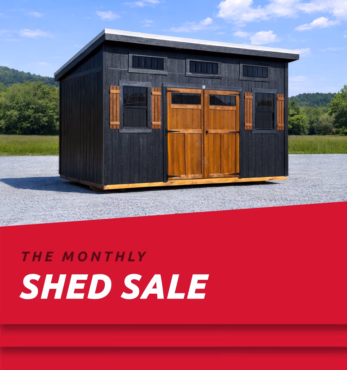 Black studio shed above a red banner for the Smart Shed monthly shed sale