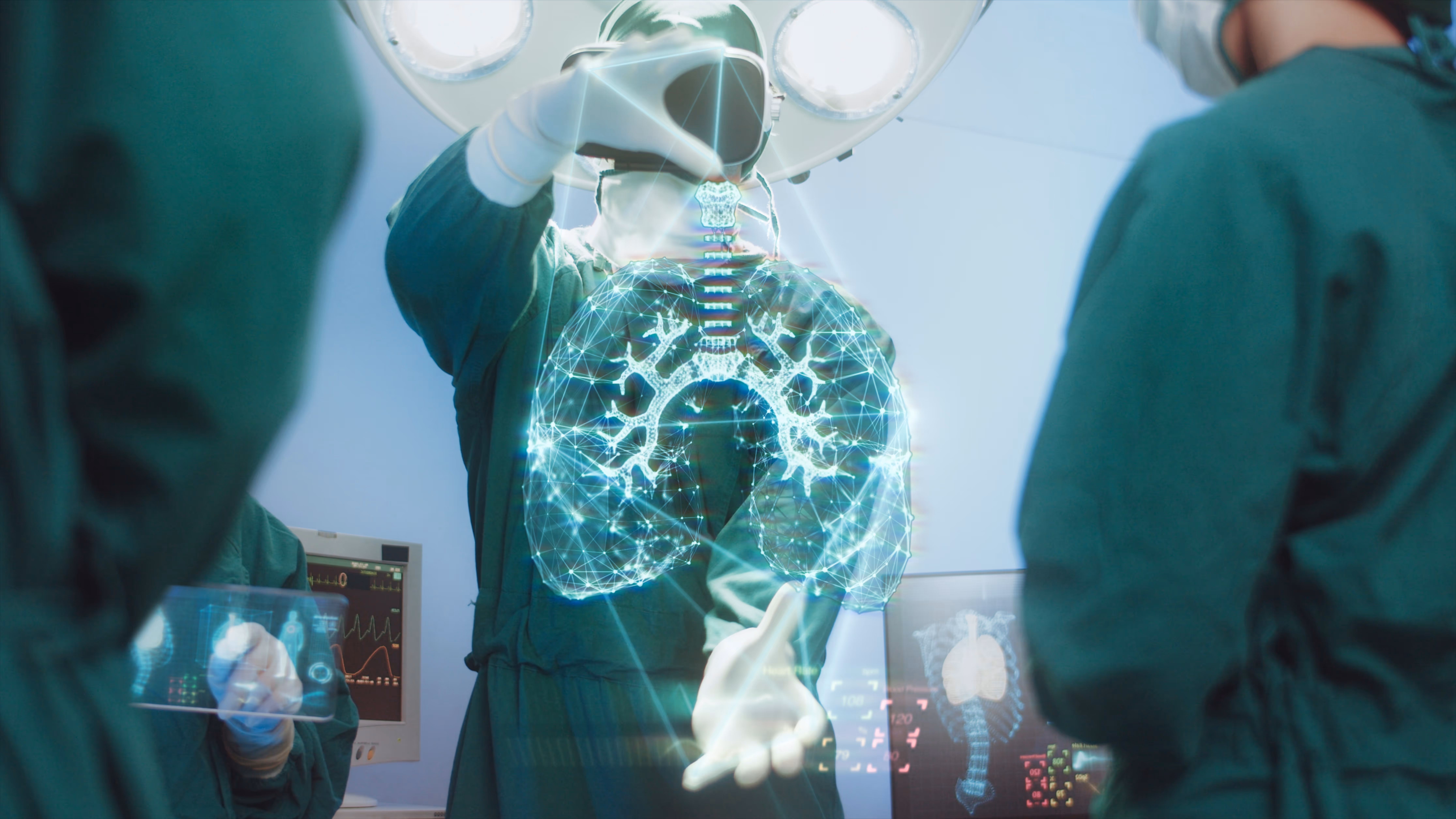Three providers in scrubs surround an Alternate Reality medical image of the lungs between one of the providers hands.