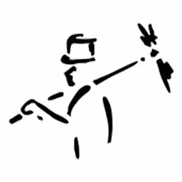 Minimalist black silhouette of a person wearing a hat and carrying a bundle on a stick over their shoulder.